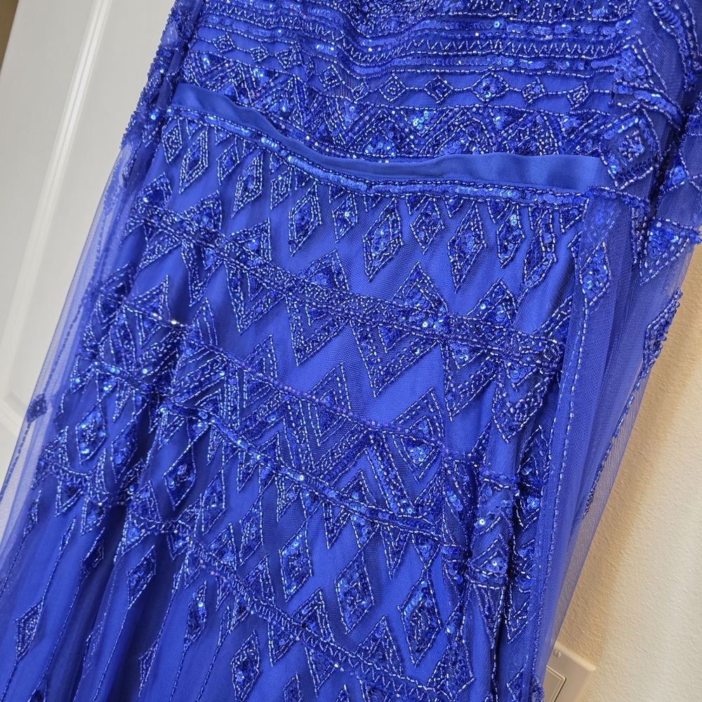 Serene Hill Beaded Elegant Blue Cape Sleeve Evening Gown - Size US 12 Large - Picture 8 of 17